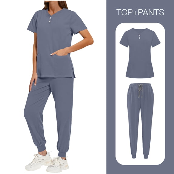 RQYYD Womens Scrubs 2 Piece Set Short Sleeve V Neck Top Elastic Waist Jogger Pants Set Nurse Uniform Scrubs Workwear