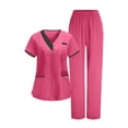 thumbnail image 1 of RQYYD Womens Scrubs Set Contrast V Neck Short Sleeve Top with Pockets Elastic Waist Pants Medical Uniforms for Work, 1 of 7