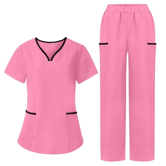 RQYYD Womens Scrubs Set Medical Uniform V Neck Short Sleeve Top with Cargo Pants for Nurse Work Wear