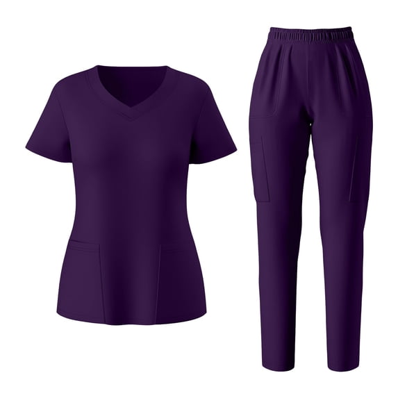 RQYYD Womens Scrubs Set V Neck Short Sleeve Top with Drawstring Jogger Pants Medical Uniforms for Nurse Work