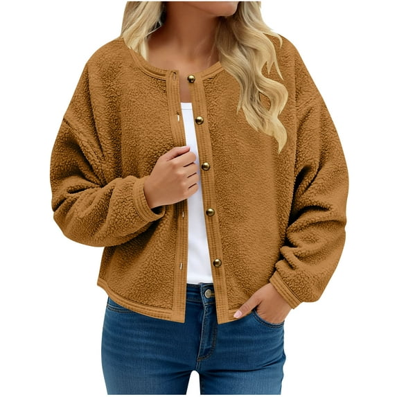 RQYYD Womens Sherpa Fleece Jackets Cropped Button Down Crew Neck Coats Fall Casual Trendy Outerwear