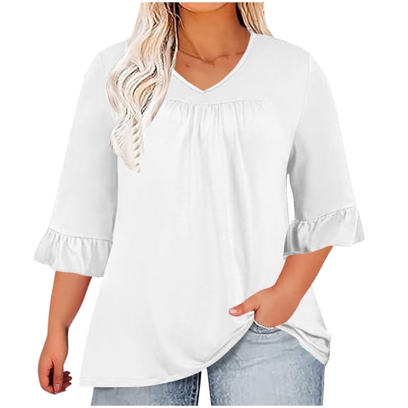 RQYYD Womens Shirts Plus Size V Neck 3/4 Sleeve Solid Blouse Fall Fashion Oversized Tunic Tops Trendy Outfits Clothing 2024
