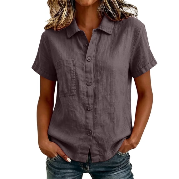 RQYYD Womens Short Sleeve Collared Tops Casual Button Down Blouses Pocket Linen Blend Tee Shirts Clothes