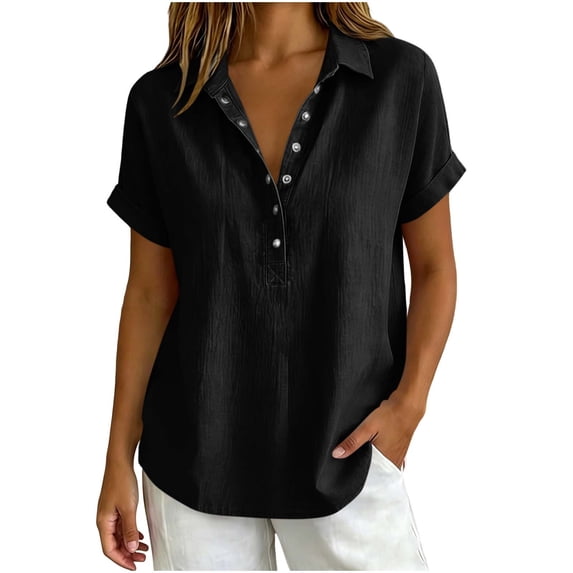 RQYYD Womens Short Sleeve Collared Tops Casual Henley Blouses Roll Cuff Linen Blend Tee Shirts Daily Clothes