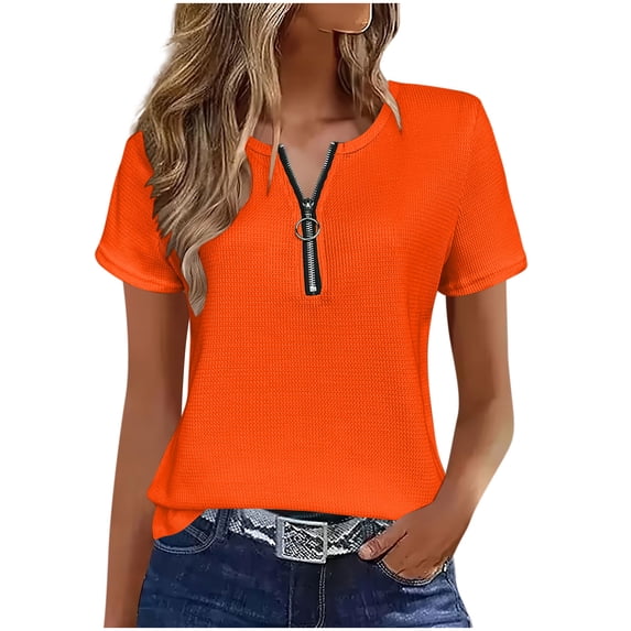 RQYYD Womens Short Sleeve Half Zip Dressy Tops Solid Casual Blouses Basic Tee Daily Clothes