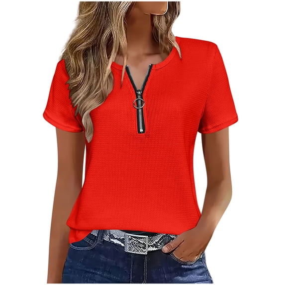 RQYYD Womens Short Sleeve Half Zip Dressy Tops Solid Casual Blouses Basic Tee Daily Clothes
