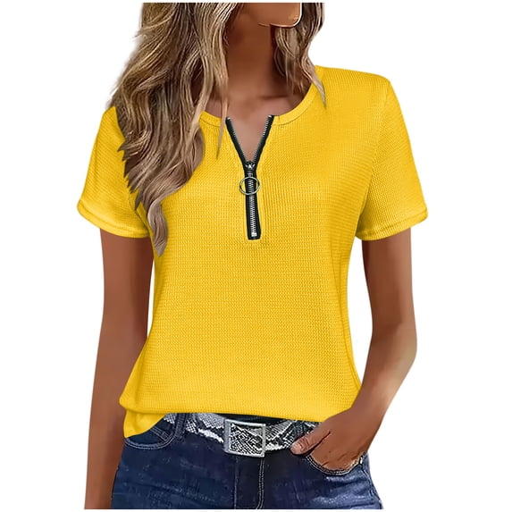 RQYYD Womens Short Sleeve Half Zip Dressy Tops Solid Casual Blouses Basic Tee Daily Clothes