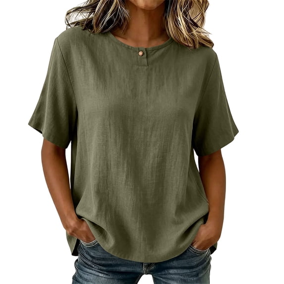 RQYYD Womens Short Sleeve Round Neck Tops Casual Henley Button Blouses Linen Blend Tee Shirts Clothes