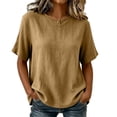 thumbnail image 1 of RQYYD Womens Short Sleeve Round Neck Tops Casual Henley Button Blouses Linen Blend Tee Shirts Clothes, 1 of 7