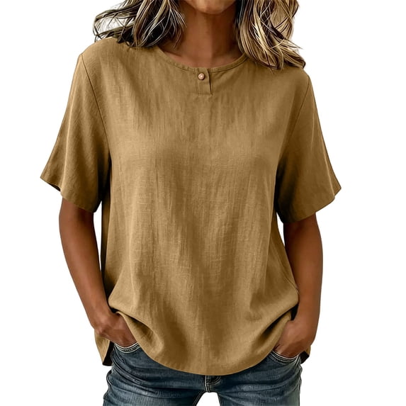 RQYYD Womens Short Sleeve Round Neck Tops Casual Henley Button Blouses Linen Blend Tee Shirts Clothes