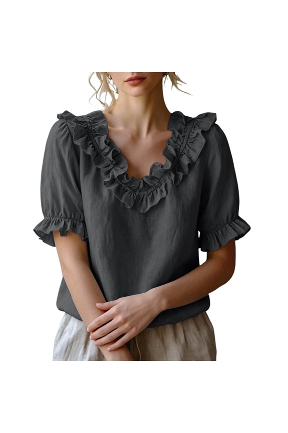 Womens Short Sleeve Tops Casual V Neck Blouses Double Ruffle Linen Blend Tee Shirts Clothes