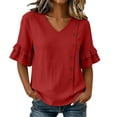 thumbnail image 1 of RQYYD Womens Short Sleeve V Neck Button Ruffle Tops Casual Linen Blouses Loose Fit Tee Shirts Daily Clothes, 1 of 7