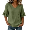thumbnail image 1 of RQYYD Womens Short Sleeve V Neck Button Ruffle Tops Casual Linen Blouses Loose Fit Tee Shirts Daily Clothes, 1 of 7