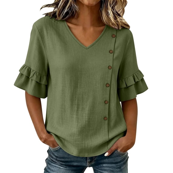 RQYYD Womens Short Sleeve V Neck Button Ruffle Tops Casual Linen Blouses Loose Fit Tee Shirts Daily Clothes