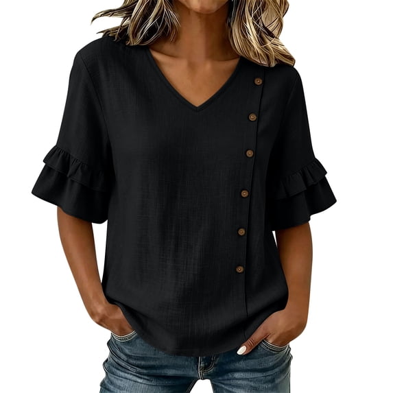 RQYYD Womens Short Sleeve V Neck Button Ruffle Tops Casual Linen Blouses Loose Fit Tee Shirts Daily Clothes