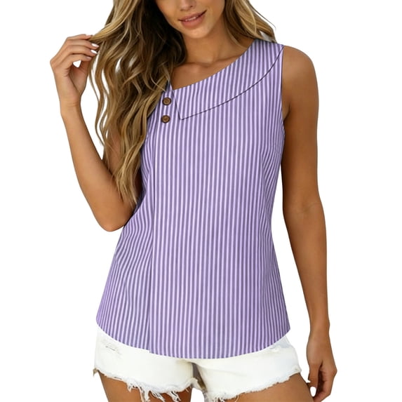 RQYYD Womens Sleeveless Asymmetric Neck Tops Casual Striped Blouses Button Front Tank Tee Shirts Daily Clothes