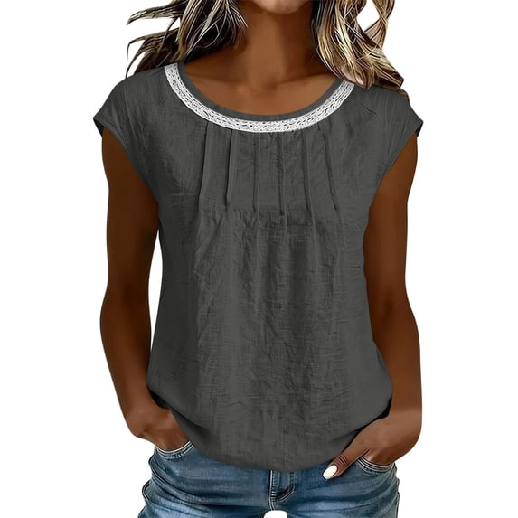 RQYYD Womens Sleeveless Lace Trim Crew Neck Tops Casual Summer Blouses Loose Fit Flowy Tank Tops for Daily Wear