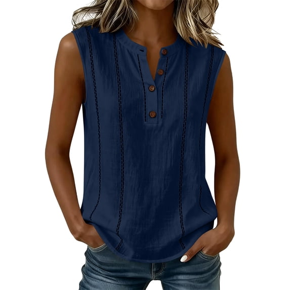 RQYYD Womens Sleeveless Tops Casual Henley Neck Blouses Button Placket Linen Blend Tank Tee Shirts Clothes