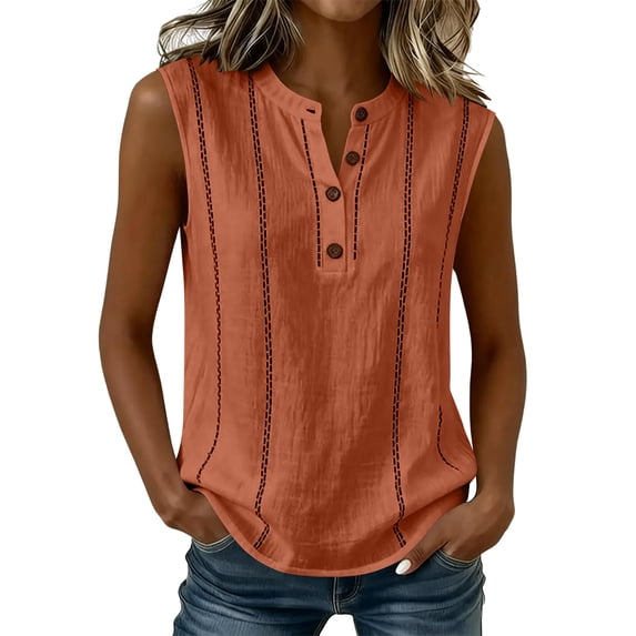 RQYYD Womens Sleeveless Tops Casual Henley Neck Blouses Button Placket Linen Blend Tank Tee Shirts Clothes
