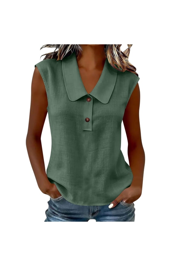 Womens Sleeveless Tops Casual Peter Pan Collar Blouses Partial Button Linen Blend Vest Clothes