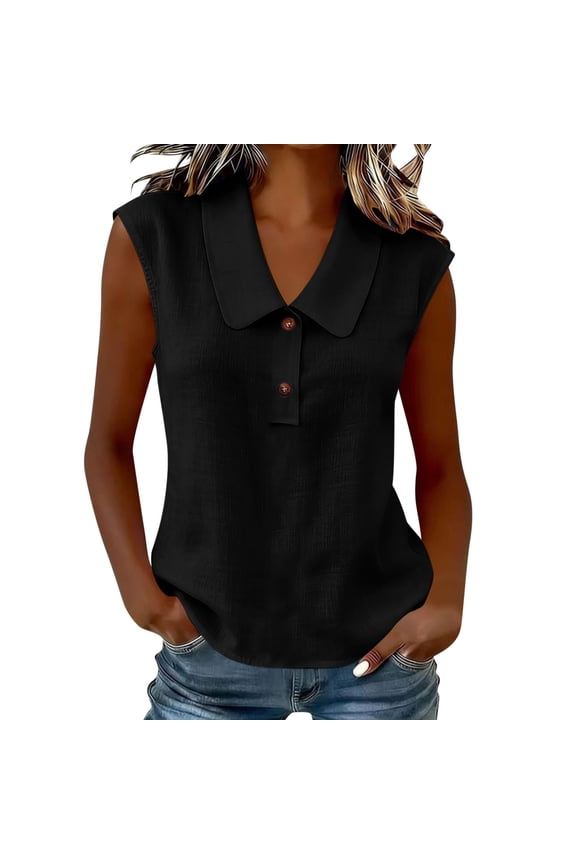 Womens Sleeveless Tops Casual Peter Pan Collar Blouses Partial Button Linen Blend Vest Clothes