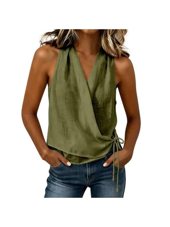 Womens Sleeveless Tops Casual V Neck Blouses Wrap Front Tie Side Linen Blend Tank Shirt Clothes