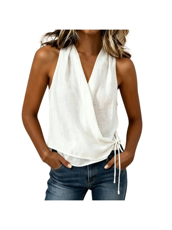 Womens Sleeveless Tops Casual V Neck Blouses Wrap Front Tie Side Linen Blend Tank Shirt Clothes