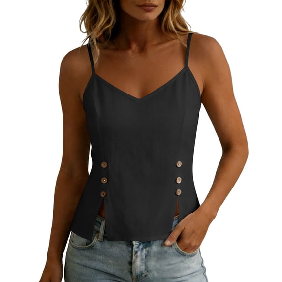 RQYYD Womens Sleeveless V Neck Spaghetti Strap Tops Casual Side Button Blouses Linen Blend Tee Shirts Clothes