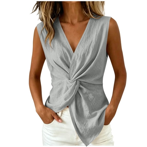 RQYYD Womens Sleeveless V Neck Tops Casual Twist Knot Blouses Linen Blend Wrap Tank Tee Shirts Daily Clothes