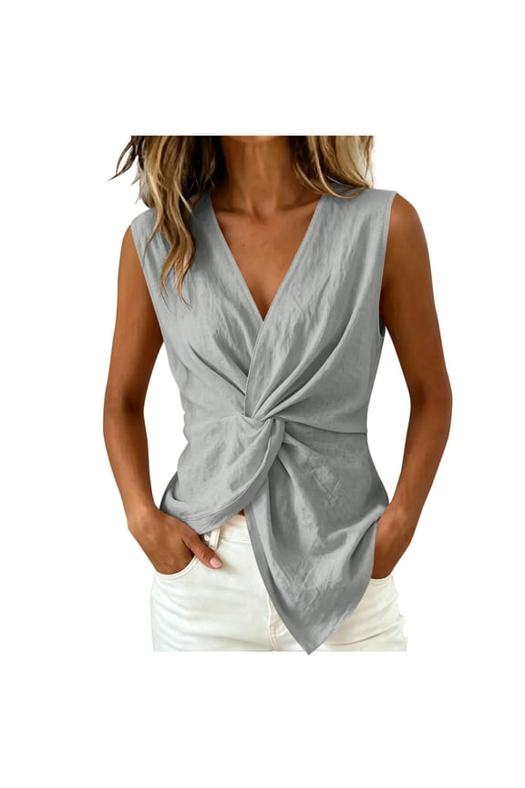 Womens Sleeveless V Neck Tops Casual Twist Knot Blouses Linen Blend Wrap Tank Tee Shirts Daily Clothes