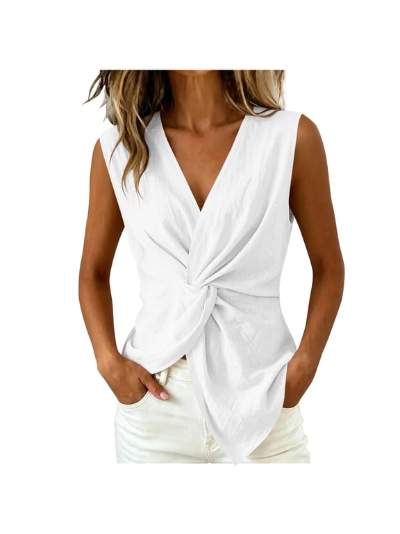 Womens Sleeveless V Neck Tops Casual Twist Knot Blouses Linen Blend Wrap Tank Tee Shirts Daily Clothes