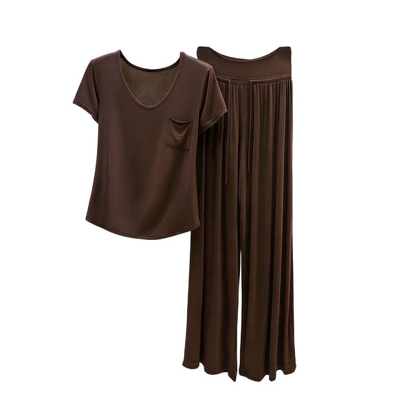 RQYYD Womens Soft Pajamas Set Short Sleeve Top with Wide Leg Pants Lightweight Breathable Loungewear Cozy Nightwear for Ladies