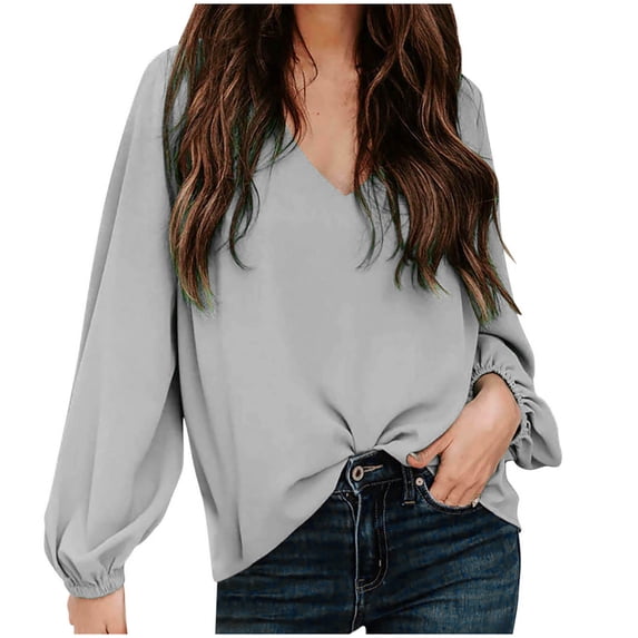 RQYYD Womens Solid Loose Fit Blouses Lantern Long Sleeve V Neck Elegant Casual Shirts Tops