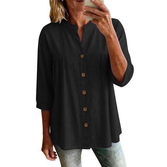RQYYD Womens Split Neck Full Button 3/4 Sleeve Blouse Casual Loose Fit Tunic Top for Daily Wear