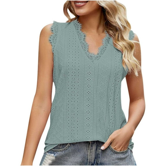 RQYYD Womens Summer Lace Trim Tank Tops Dressy V Neck Eyelet Casual Sleeveless Tunic Blouse Vest Shirts Office Work Top(Green,L)