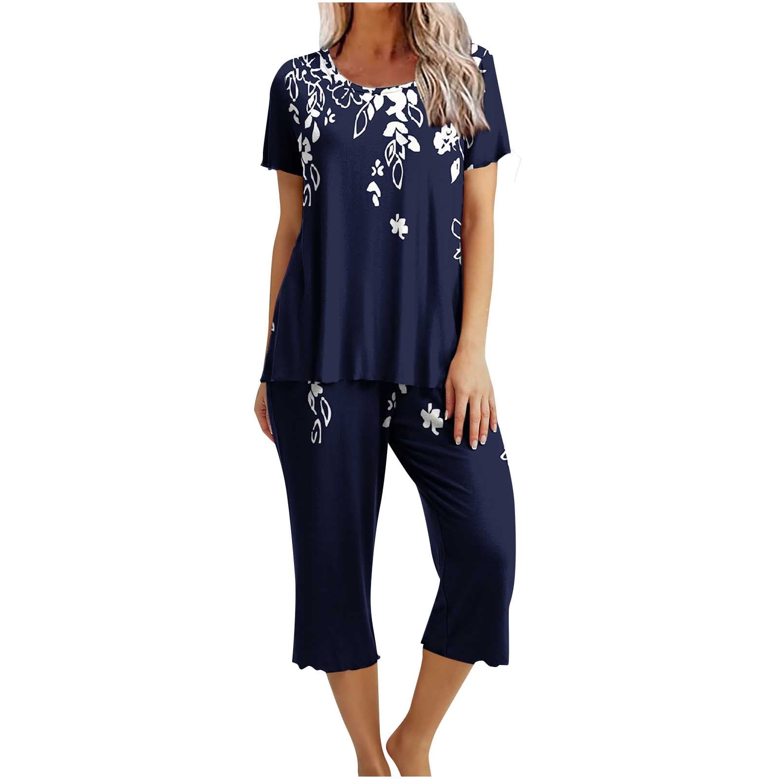 RQYYD Womens Summer Pajama Sets Pleated Sleepwear Ladies Short Sleeve