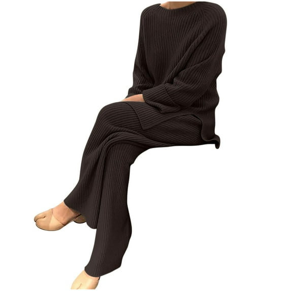 RQYYD Womens Sweatsuits 2 Piece Set Trendy Round Neck Solid Color Plus Size Lounge Sets Fuzzy Wid Leg Pants Sweat Suit 2024