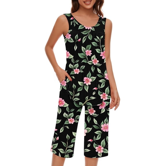 RQYYD Womens Tank Top Capris Outfits Workout Lounge Pajamas Set Loose Casual Sleeveless Shirts Cropped Pants with Pockets