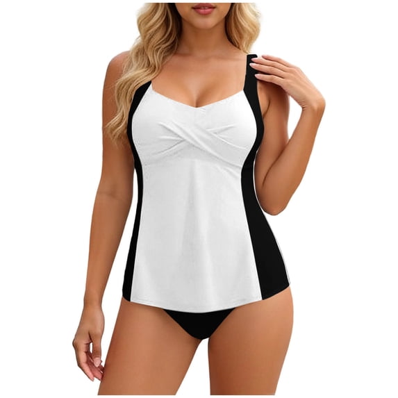 RQYYD Womens Tankini Tops Flowy Swim Tops Crisscross Tankini Swimsuits Modest Color Block Swim Suits
