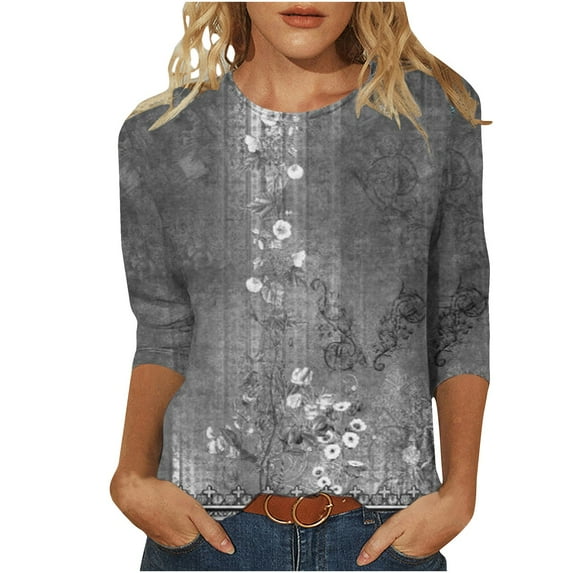 RQYYD Womens Tops Casual,Womens 3/4 Sleeve Crewneck Cute Shirts Casual Print Trendy Blouses Three Guarter Length Pullover