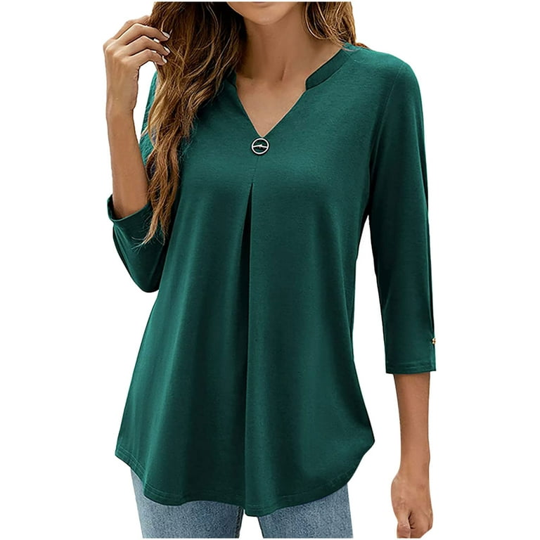 RQYYD Womens Tops Dressy Casual 3/4 Sleeve V Neck Pleated Tunic Shirt Solid  Ruched Loose Work Blouses (Army Green,XL)