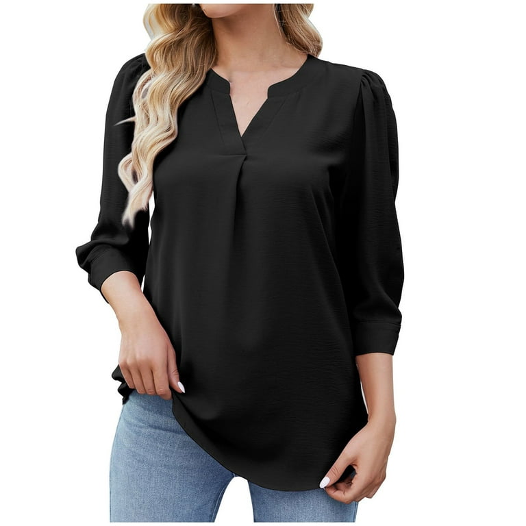 RQYYD Womens Tops Dressy Pleated Front Casual 3/4 Sleeve Blouses V Neck  Business Work Shirts Summer Solid Loose Fit Tee Shirts(Black,M)