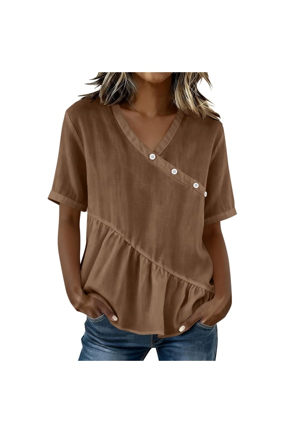 Womens Tops Short Sleeve Wrap Button Ruffle Hem Blouses Casual V Neck Summer Tops for Office