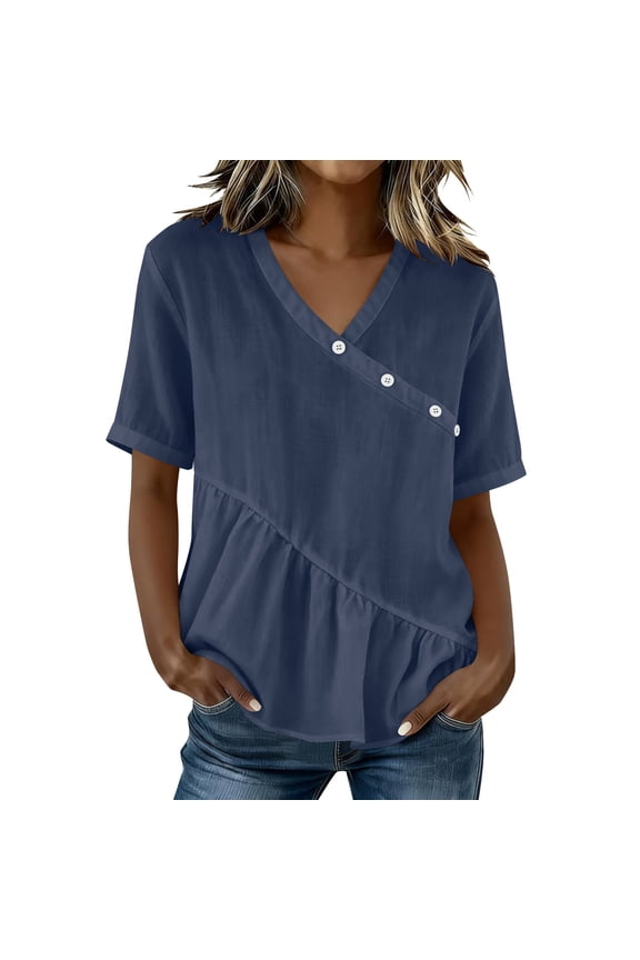 Womens Tops Short Sleeve Wrap Button Ruffle Hem Blouses Casual V Neck Summer Tops for Office