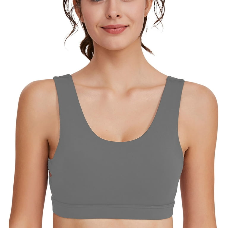 RQYYD Womens V-Back Hollow Longline Sports Bra - Padded Scoop Neck Workout  Crop Tank Top with Built in Bra Gray L