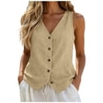thumbnail image 1 of RQYYD Womens V Neck Button Front Sleeveless Linen Vest Casual Slim Fit Blouse for Daily Wear, 1 of 7
