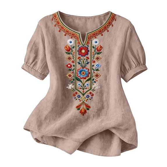 RQYYD Womens V Neck Floral Embroidered Short Sleeve Blouse Casual Loose Fit Tunic Top for Summer Daily Wear