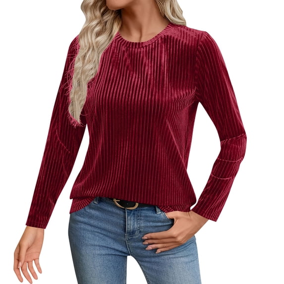 RQYYD Womens Velvet Long Sleeve Shirts Trendy Sweaters Lightweight Casual Crewneck Fall Tunic Tops Loose Fit Dressy