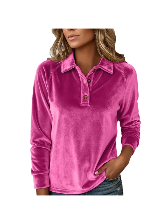 Womens Velvet Tops Long Sleeve Button Down Shirts Flowy Casual Blouses Collared V Neck Polo Shirt