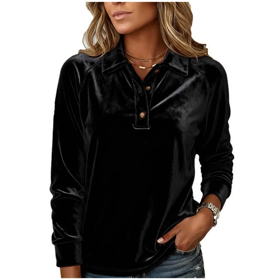 RQYYD Womens Velvet Tops Long Sleeve Button Down Shirts Flowy Casual Blouses Collared V Neck Polo Shirt